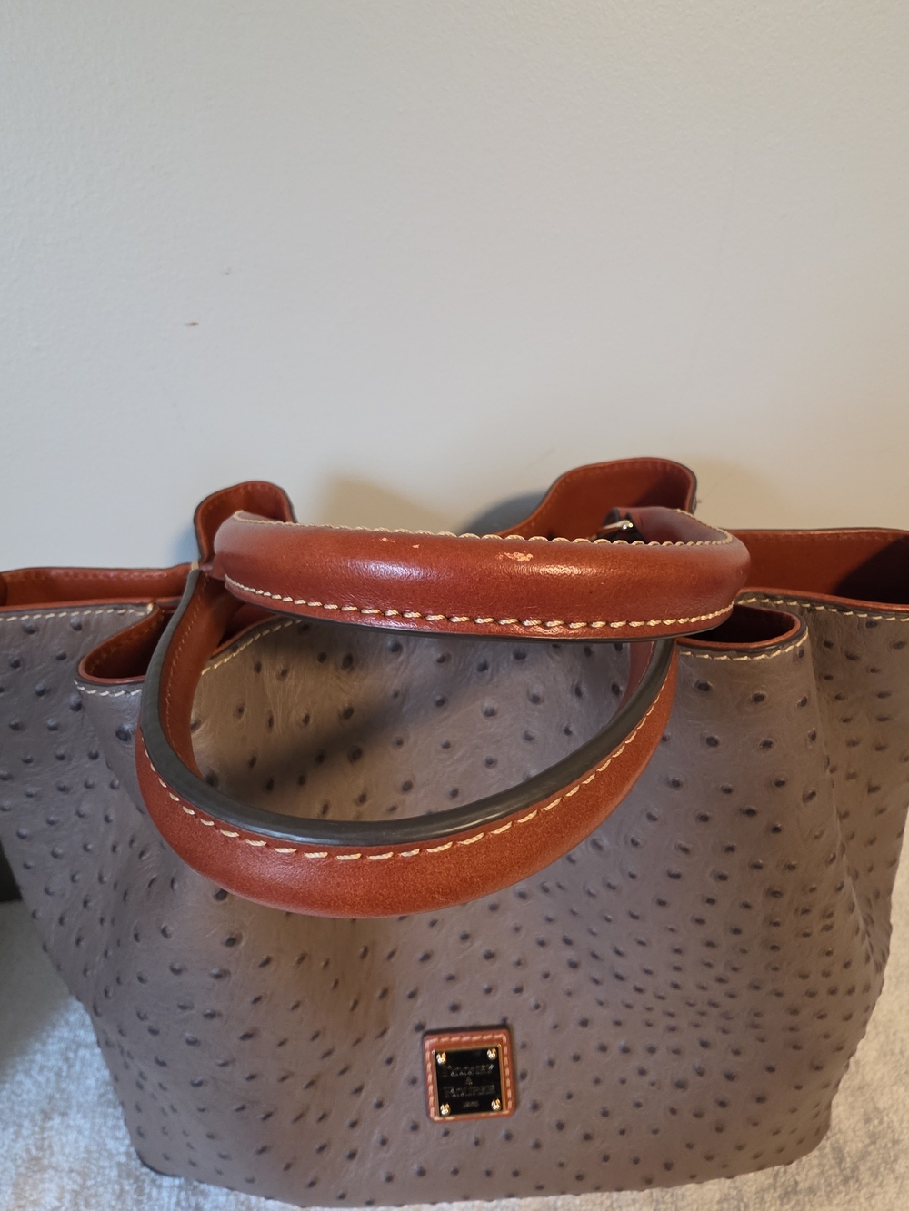 Dooney & Bourke Taupe Ostrich-Embossed Tote with Brown Trim - Picture 4 of 5
